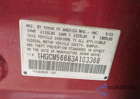 2003 Honda Accord 2.4 Ex из США, поврежденный, VIN 1HGCM56683A103368